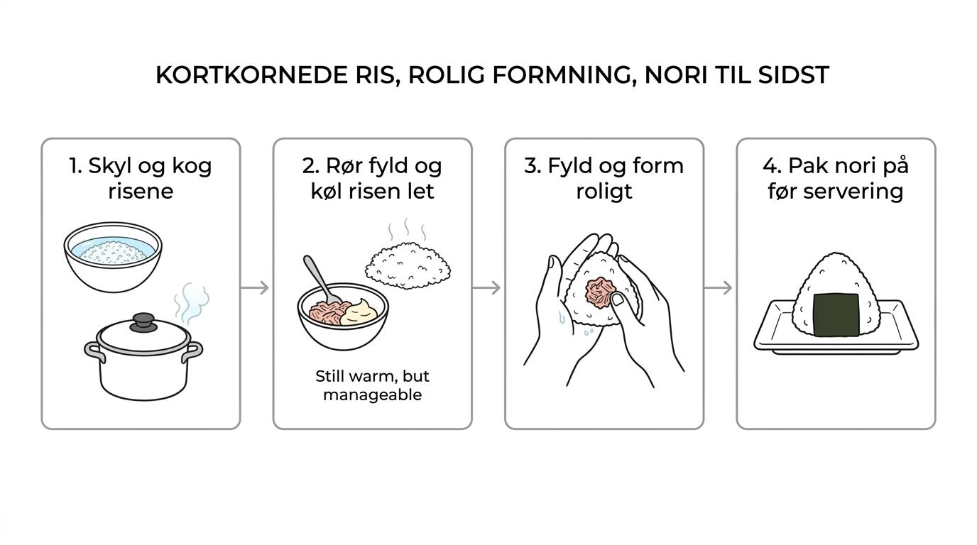 Trinvis visning af onigiri lavet med kortkornede ris, tun-mayo fyld, formning i hånden og nori omkring de færdige risboller.