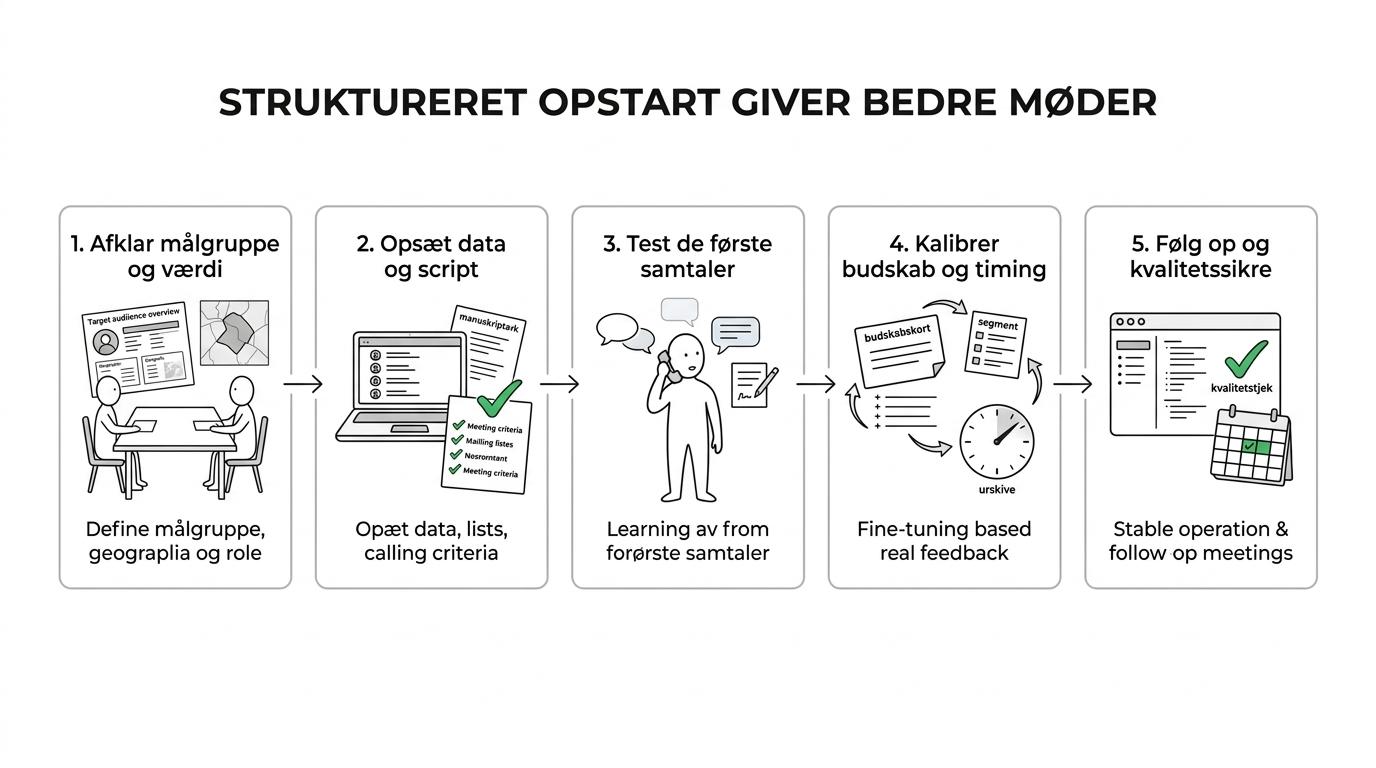 Et trin-for-trin forløb fra afklaring og opsætning til test, kalibrering og drift i en B2B salgsoutsourcing-kampagne.