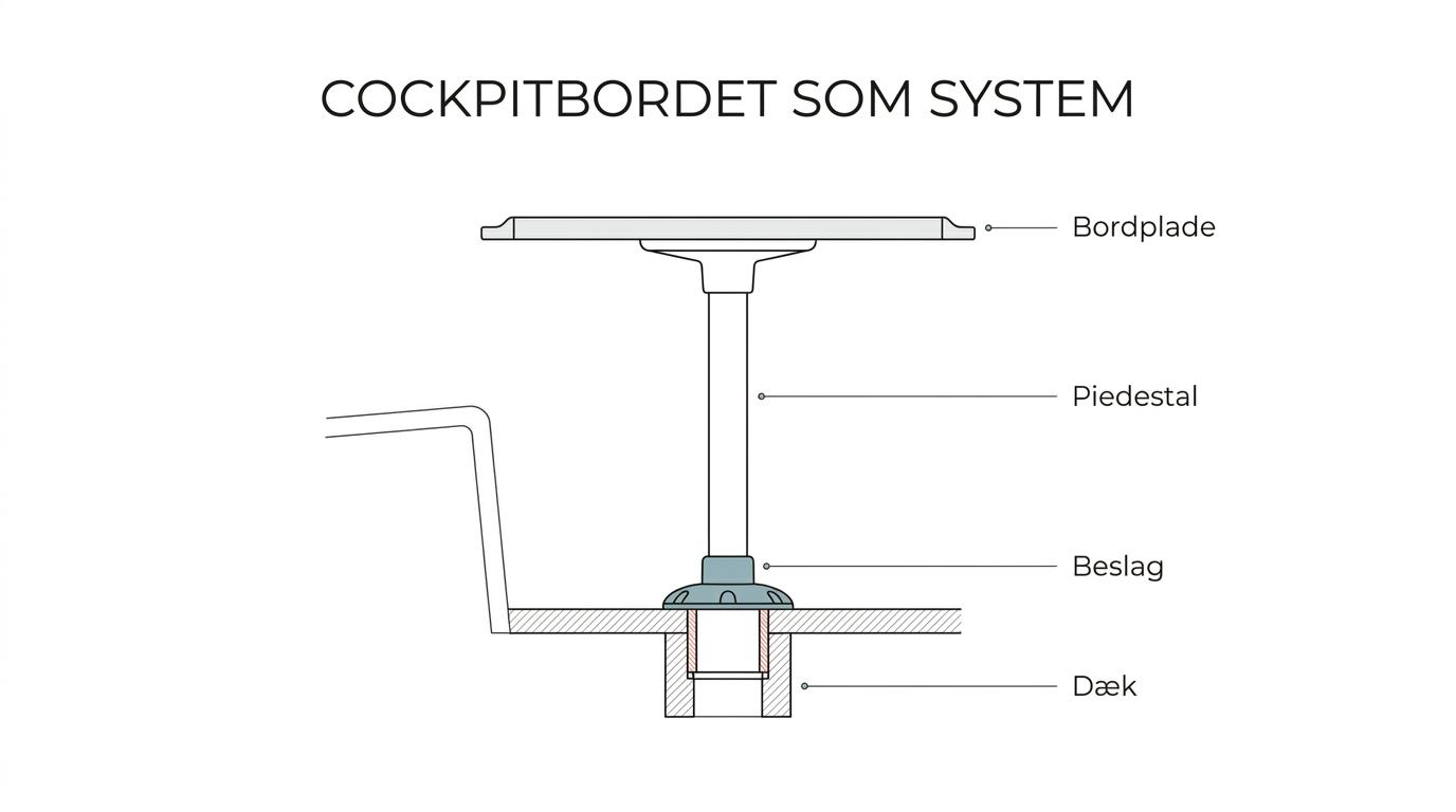 Labeled cockpit table setup showing tabletop, pedestal, mounting flange, reinforced deck base, seat height, and clear walkway around the table.