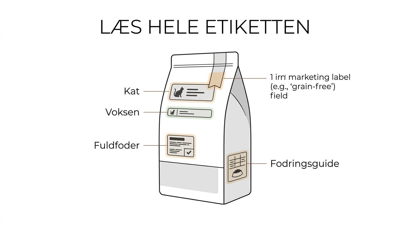 En generisk pose kattetørfoder med markeringer ved kat, adult/maintenance, fuldfoder, taurin/protein, ingrediensliste og fodringsguide.