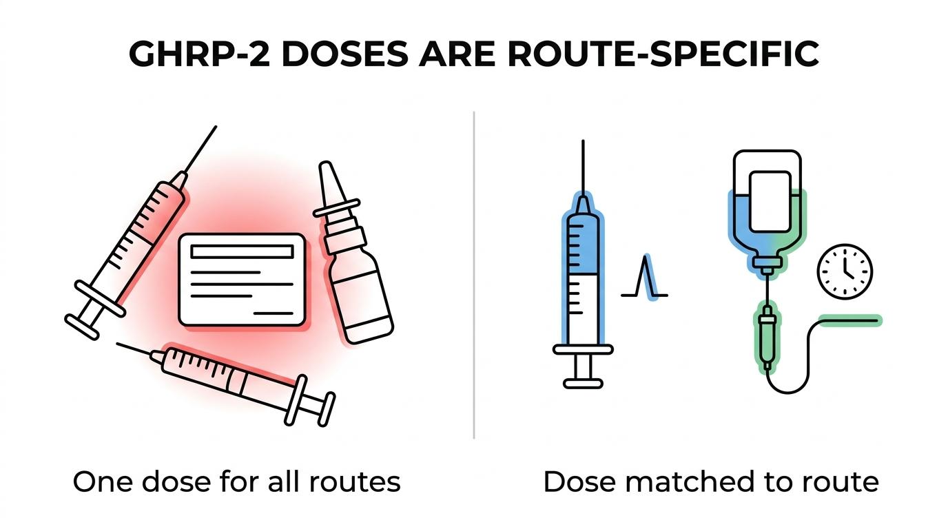 Side-by-side comparison of published GHRP human study protocols showing intravenous bolus dosing versus subcutaneous infusion with different durations and outcomes.