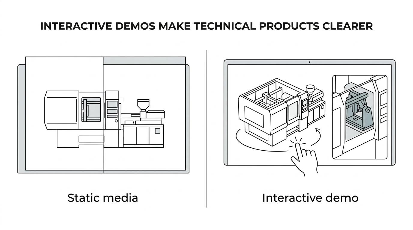 Side-by-side comparison of a static product image and an interactive 3D product model being rotated and zoomed.
