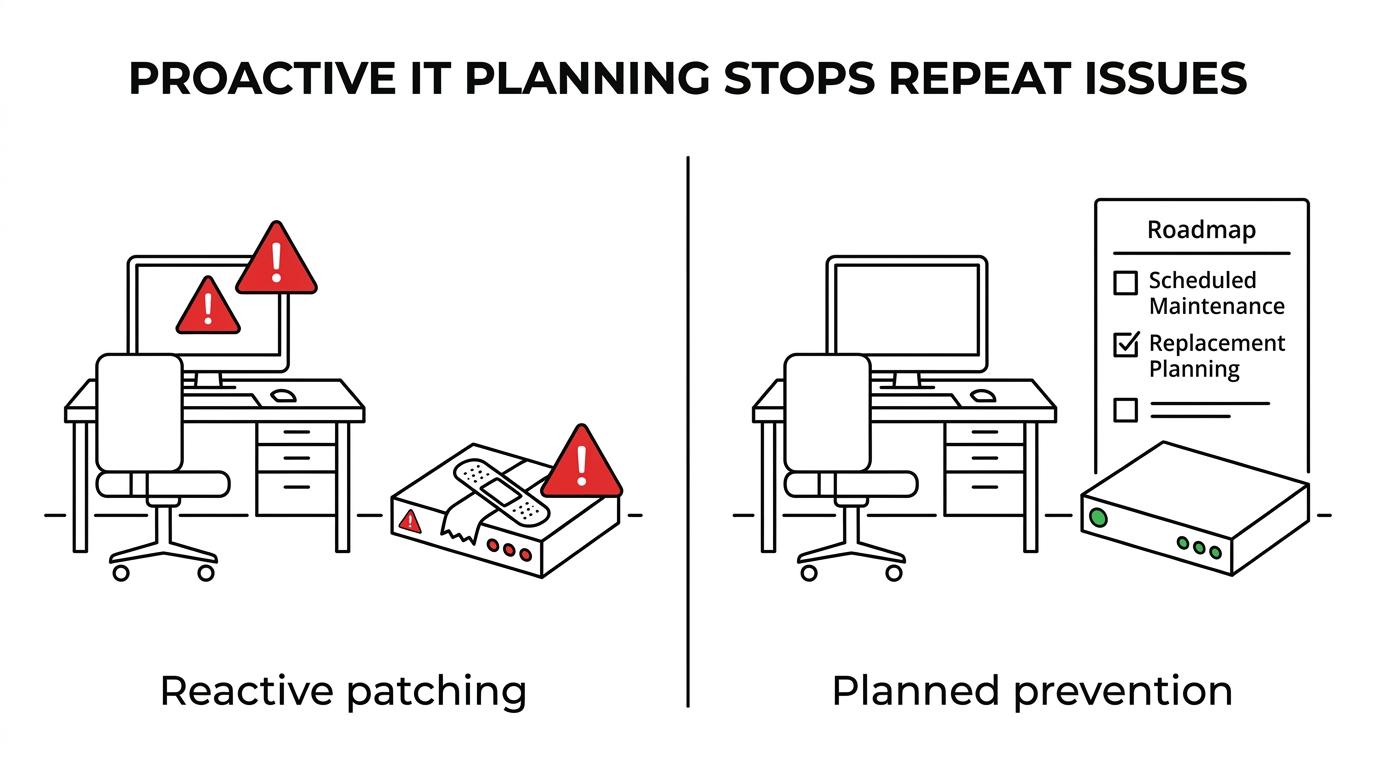 Side-by-side comparison of reactive break-fix IT support versus proactive strategic IT consulting.