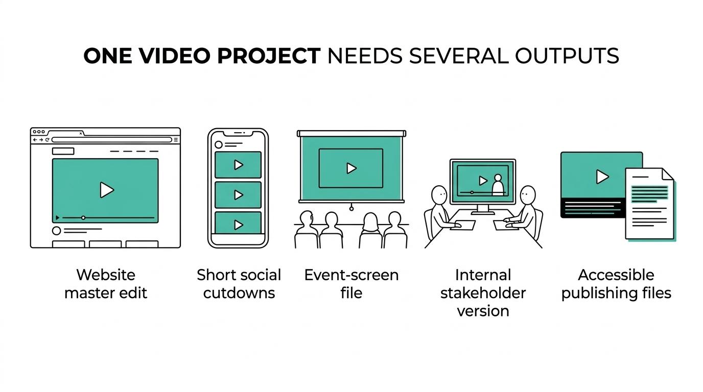 Eight common corporate video deliverables grouped together: master edit, ad cutdowns, vertical exports, captions, transcript support, internal version, event replay, and thumbnail assets.