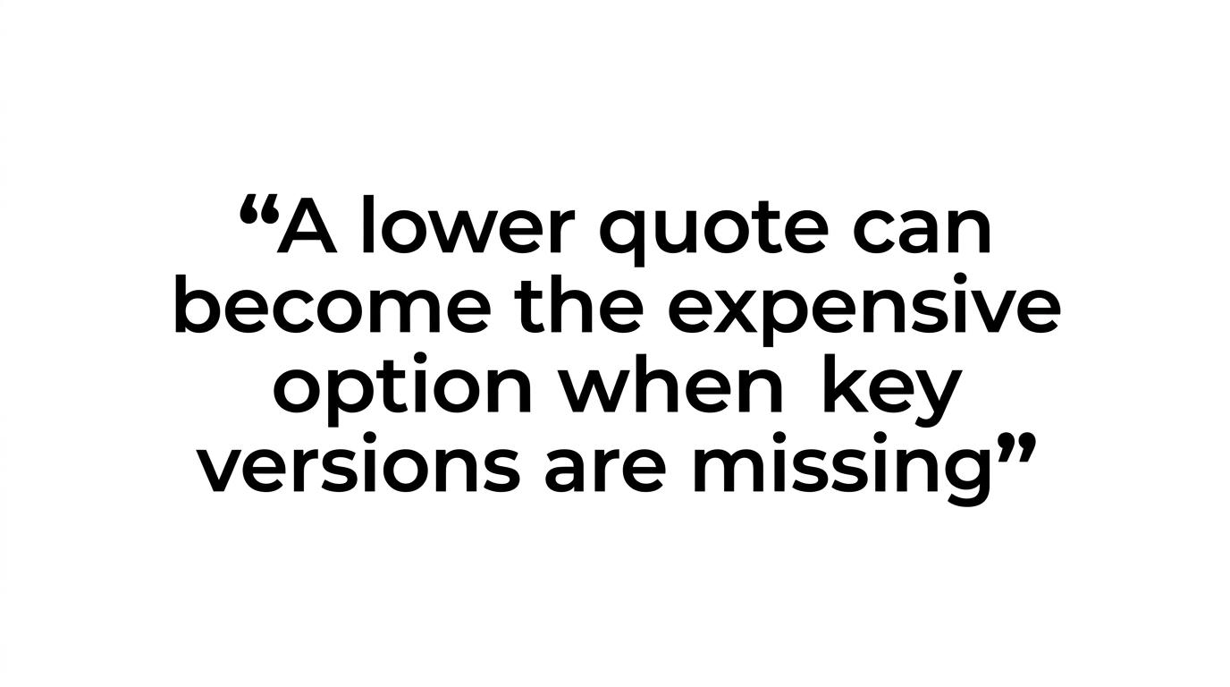 Highlighted quote reading, “A lower quote can become the expensive option when key versions are missing.”
