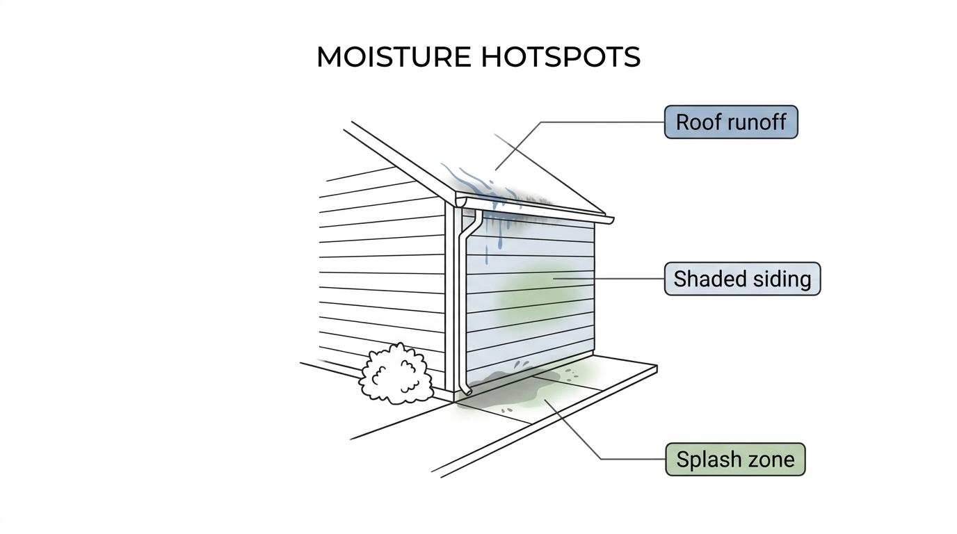 Power Washing South Carolina: 7 Climate Factors That Matter 1 Illustrated house exterior labeled with damp problem areas such as shaded siding, roof valleys, overflowing gutters, splashback zones, dense shrubs, and low concrete that stays wet longer.