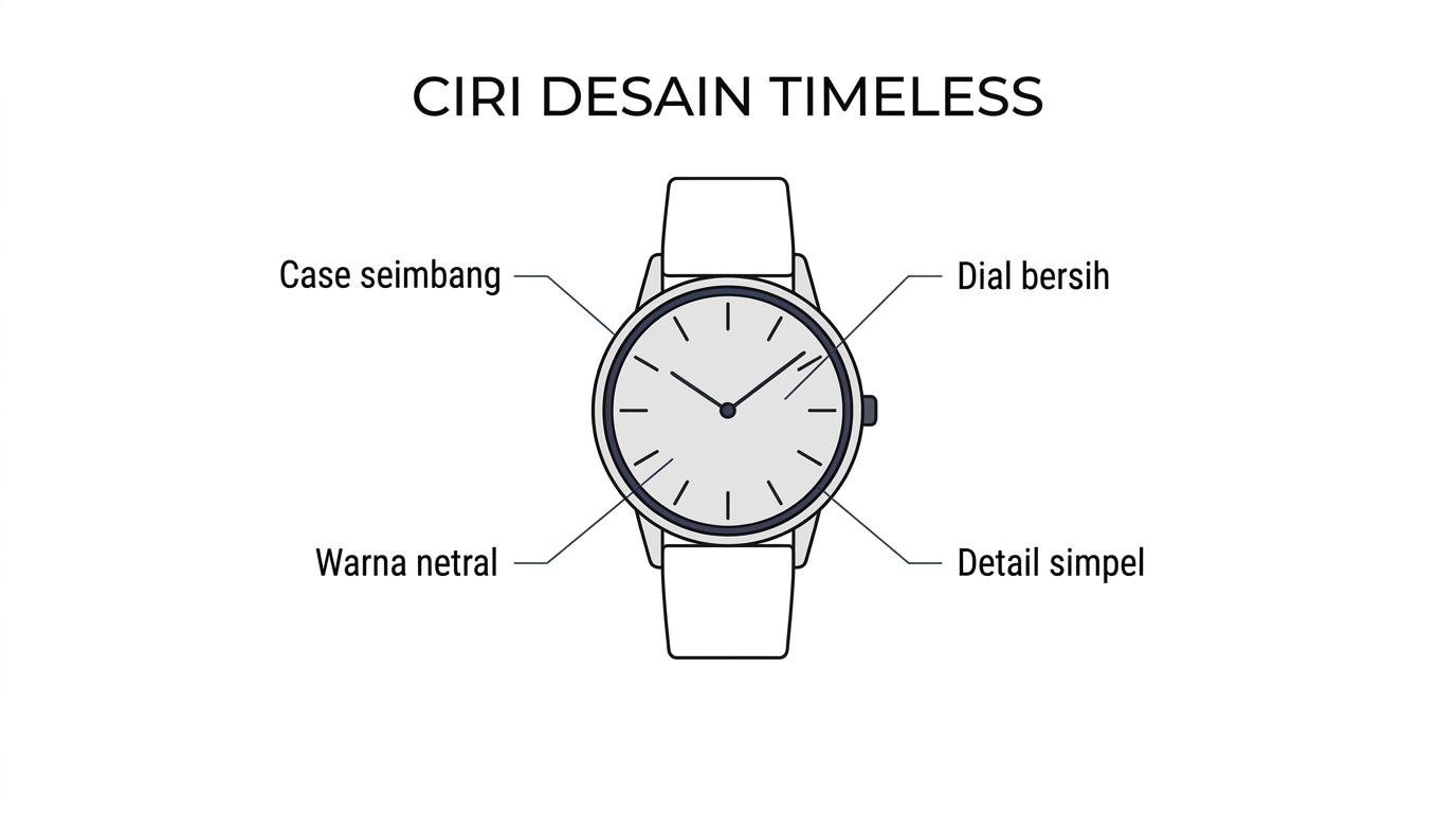Ilustrasi jam tangan minimalis dengan label pada proporsi case, dial bersih, warna netral, dan pilihan strap.