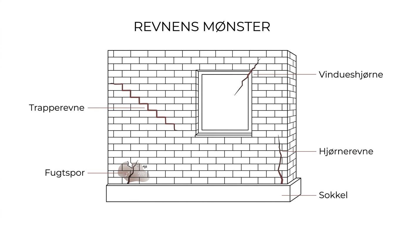 Mærket murstensfacade med trappeformede revner, diagonale revner ved vindueshjørner, lodrette revner ved murhjørner og revner nær soklen.
