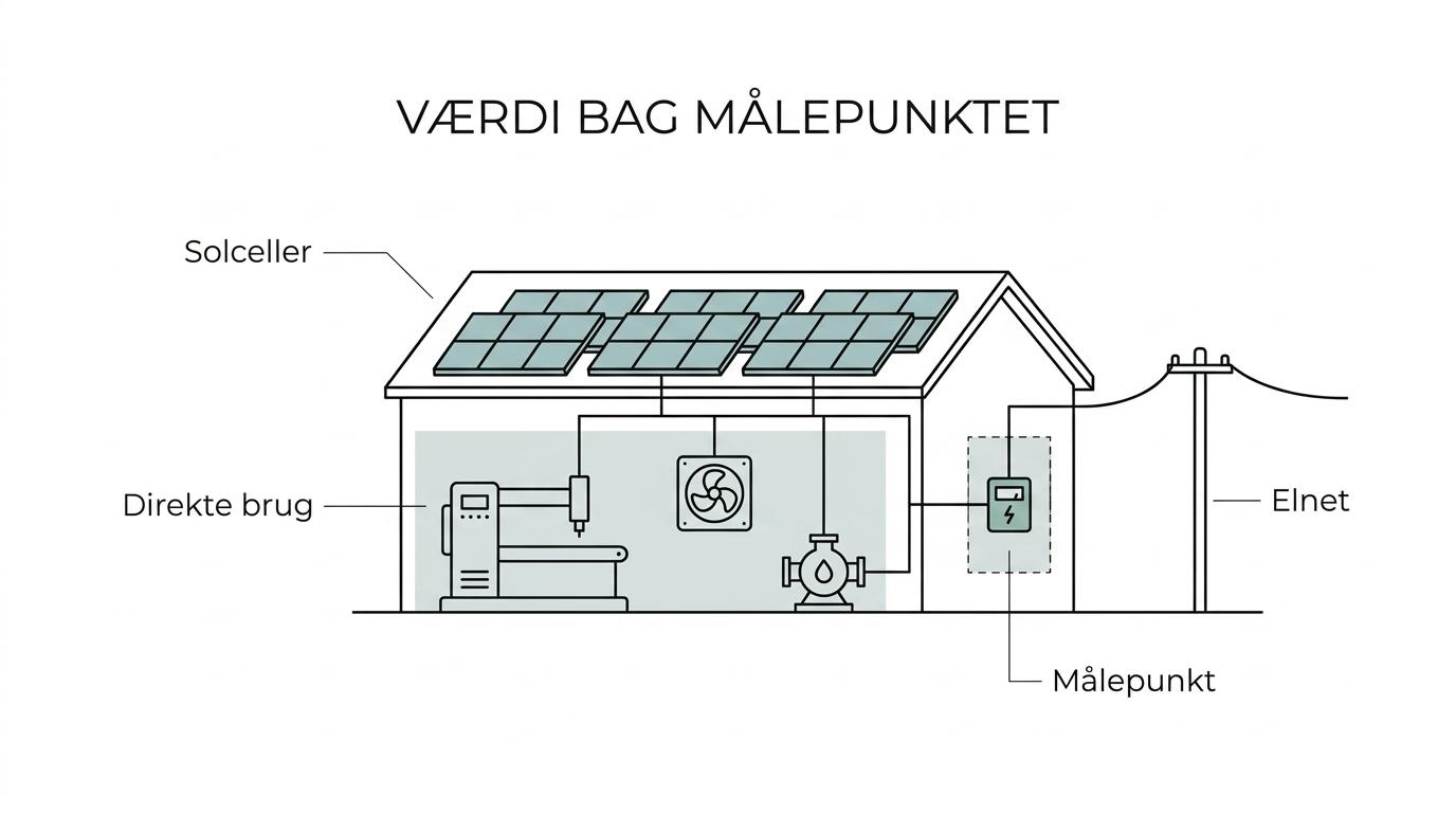 Diagram af en virksomhed med solceller, interne elforbrugere, batteri, målepunkt og strømflow til og fra det kollektive elnet.