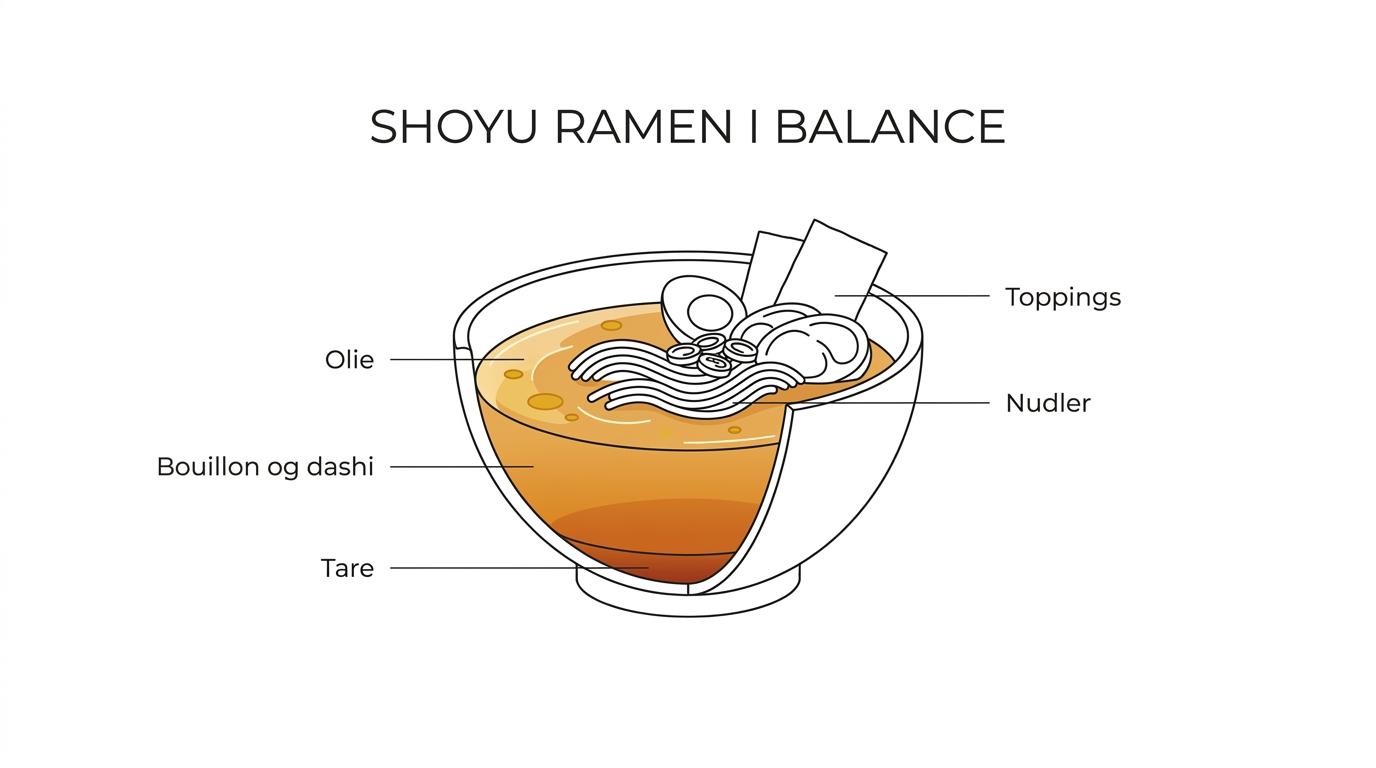 Diagram af en shoyu ramen-skål med labels for bouillon, shoyu tare, dashi, aromaolie, nudler og toppings.