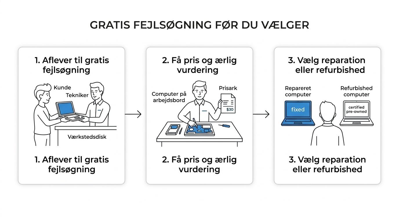 Flowdiagram der viser forløbet fra indlevering af computer til gratis fejlsøgning, klar pris, valg mellem reparation eller refurbished og hjælp med data og opsætning.