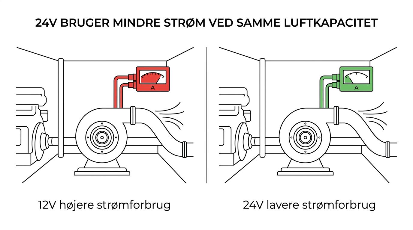 Sammenligning af Seaflo motorrumsblæsere i 12V og 24V ved 3,68 og 7,64 m³/min, med lavere ampereforbrug på 24V-varianterne.