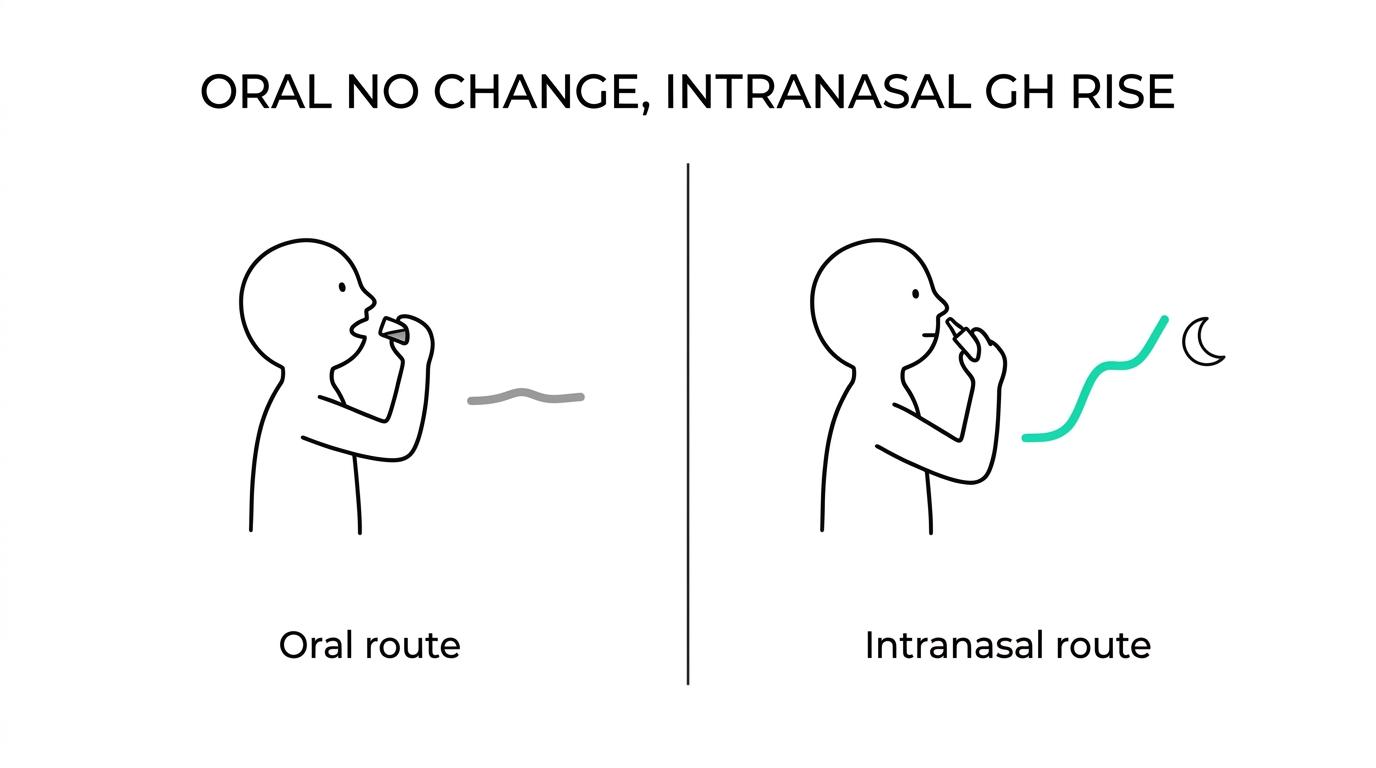 Side-by-side comparison of GHRP-6 findings by route, showing intravenous studied doses and half-life, oral no hormone change, and intranasal increased nighttime growth hormone.