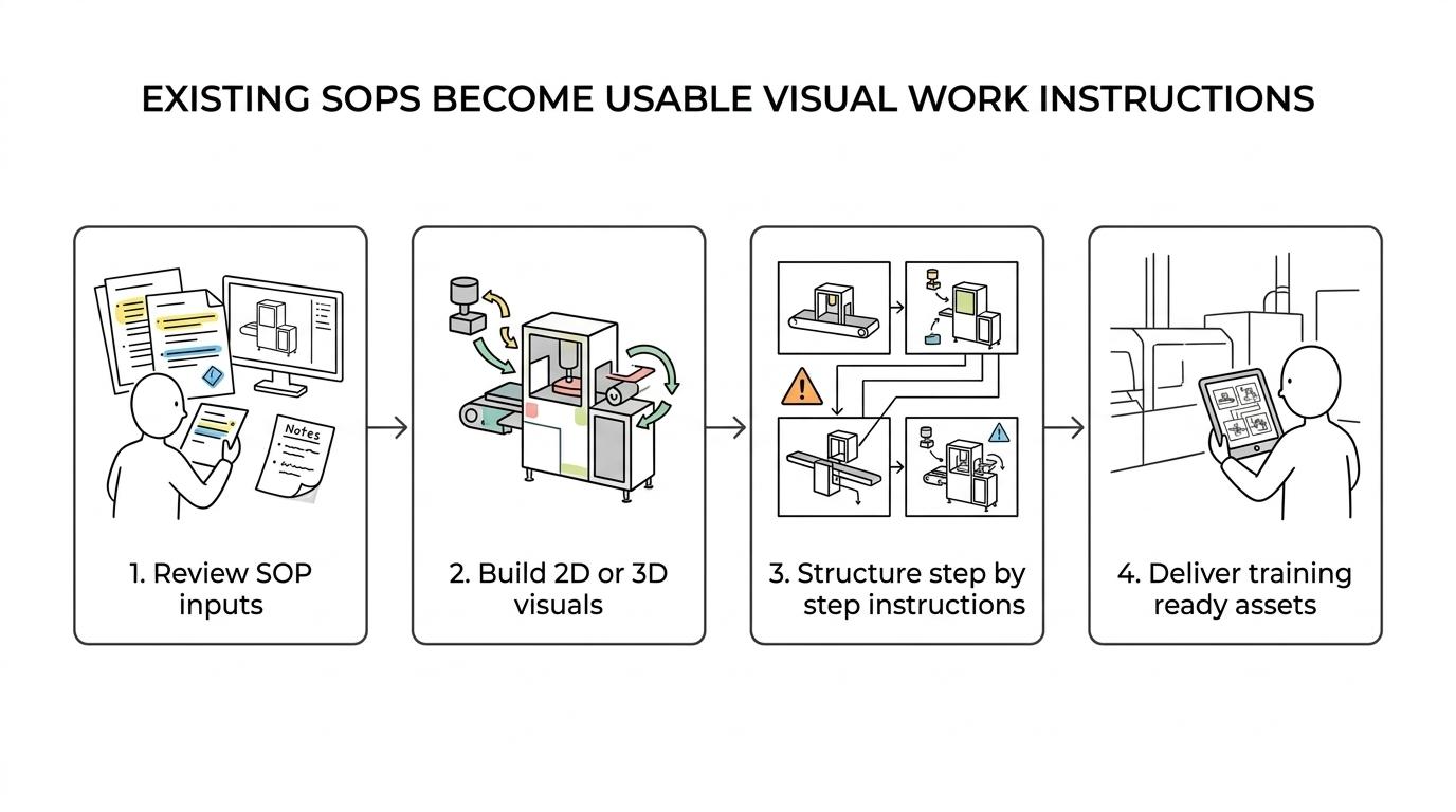 A four-step SOP digitization workflow showing source review, visual development, instruction design, and training-ready delivery.