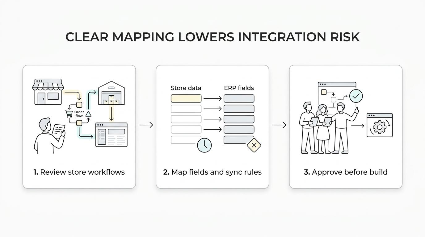 A step-by-step workflow showing ERP integration from store review and data mapping to implementation and post-launch monitoring.