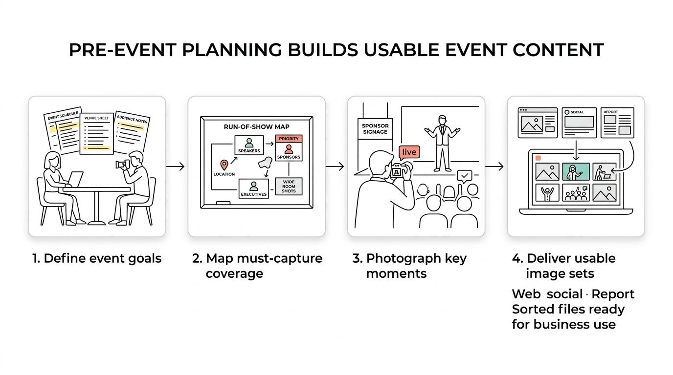 Infographic showing an event photography workflow from discovery and coverage planning to event-day capture and final image delivery.
