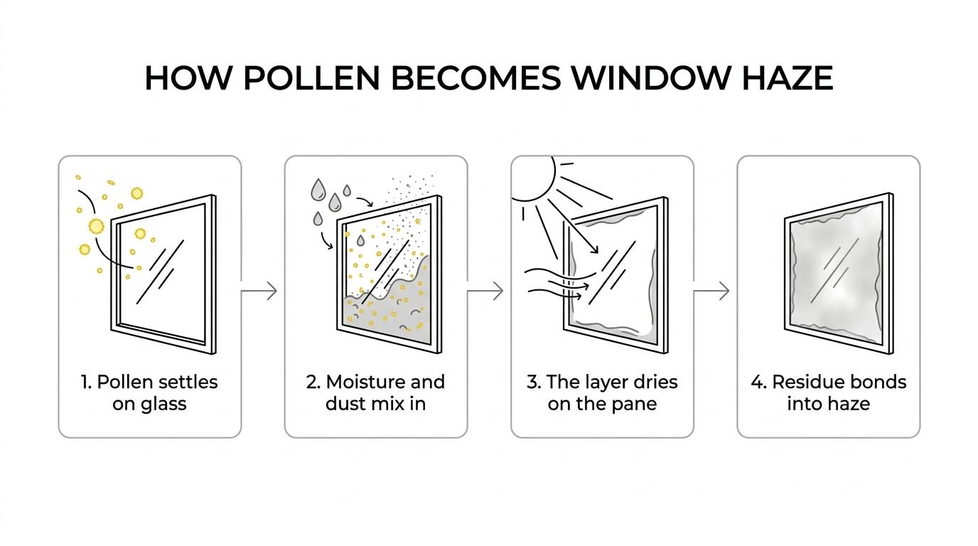 Diagram showing pollen settling on window glass, mixing with humidity and dust, then drying into a cloudy film.