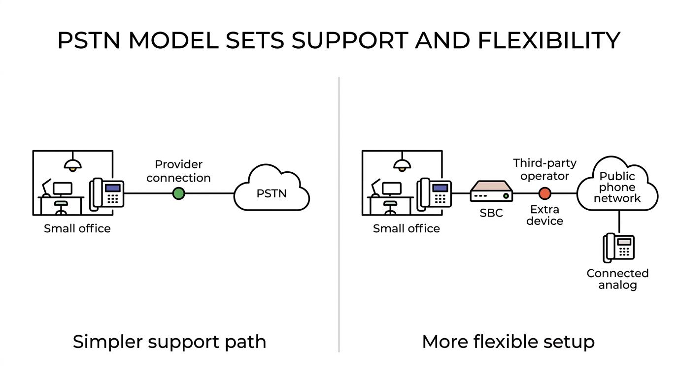 Side-by-side comparison of Microsoft Teams Phone Calling Plan, Operator Connect, and Direct Routing, showing differences in carrier ownership, routing model, and complexity.