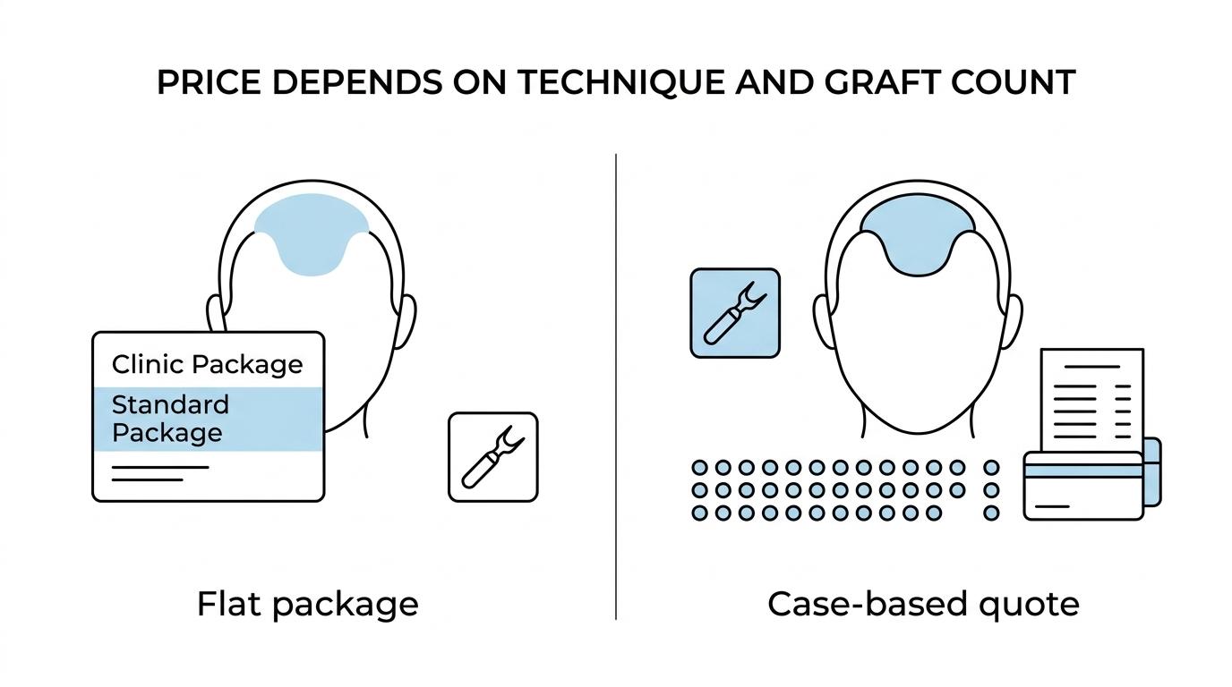 Side-by-side comparison of iGraft Bangalore pricing for ActiveFUE and Gen3 DFI, showing per-graft rates and example totals for 2,500 and 3,000 grafts.