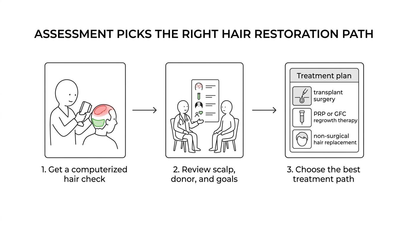 A step-by-step visual showing hair analysis, eligibility review, and selection of transplant, regrowth therapy, or non-surgical treatment.