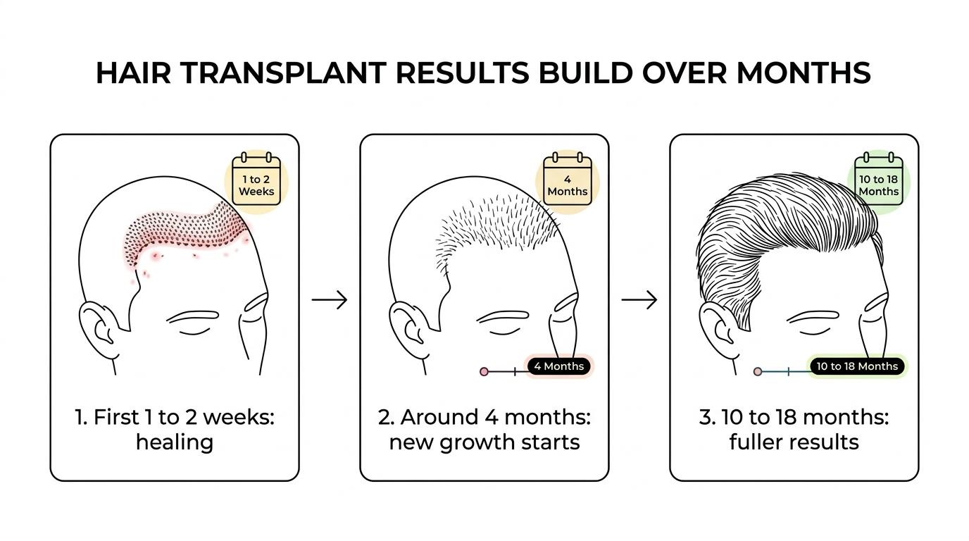 Timeline showing hair transplant recovery from early healing and 1 to 2 weeks of downtime to new growth around 4 months and fuller results by 10 to 18 months.