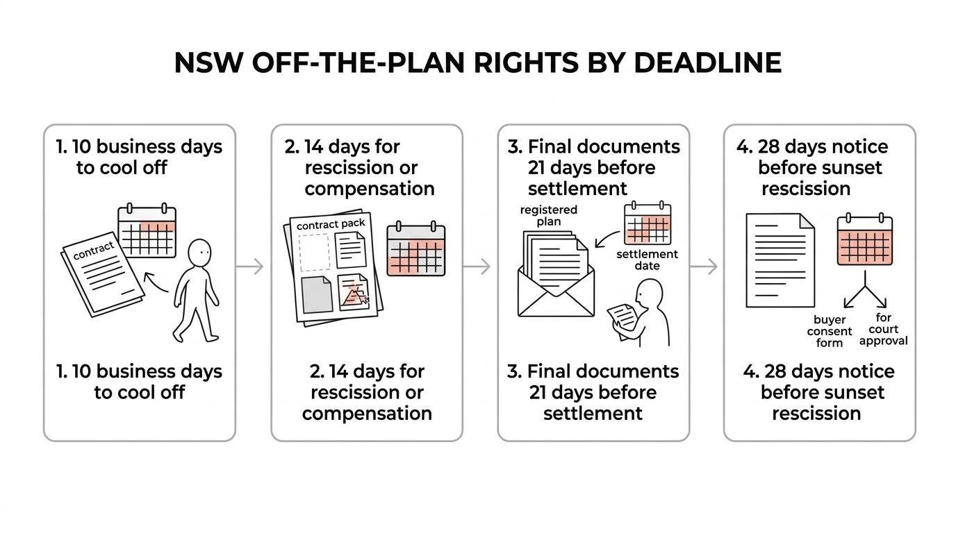 Timeline showing NSW off-the-plan contract stages: exchange, 10-business-day cooling-off, 14-day rescission windows, 28-day sunset-clause notice, and 21 days before settlement for final plan service.