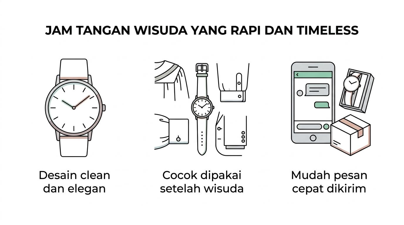 Infografik ringkas yang merangkum alasan memilih jam tangan Nakoda Arloji sebagai hadiah wisuda: gaya timeless, tampilan rapi, cocok untuk acara formal dan kerja, mudah dipesan, dan praktis dikirim.