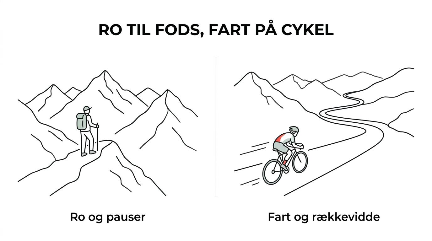 Side-by-side sammenligning af vandreferie og cykelferie i Alperne med forskelle i tempo, nærhed til naturen, fleksibilitet og logistik.