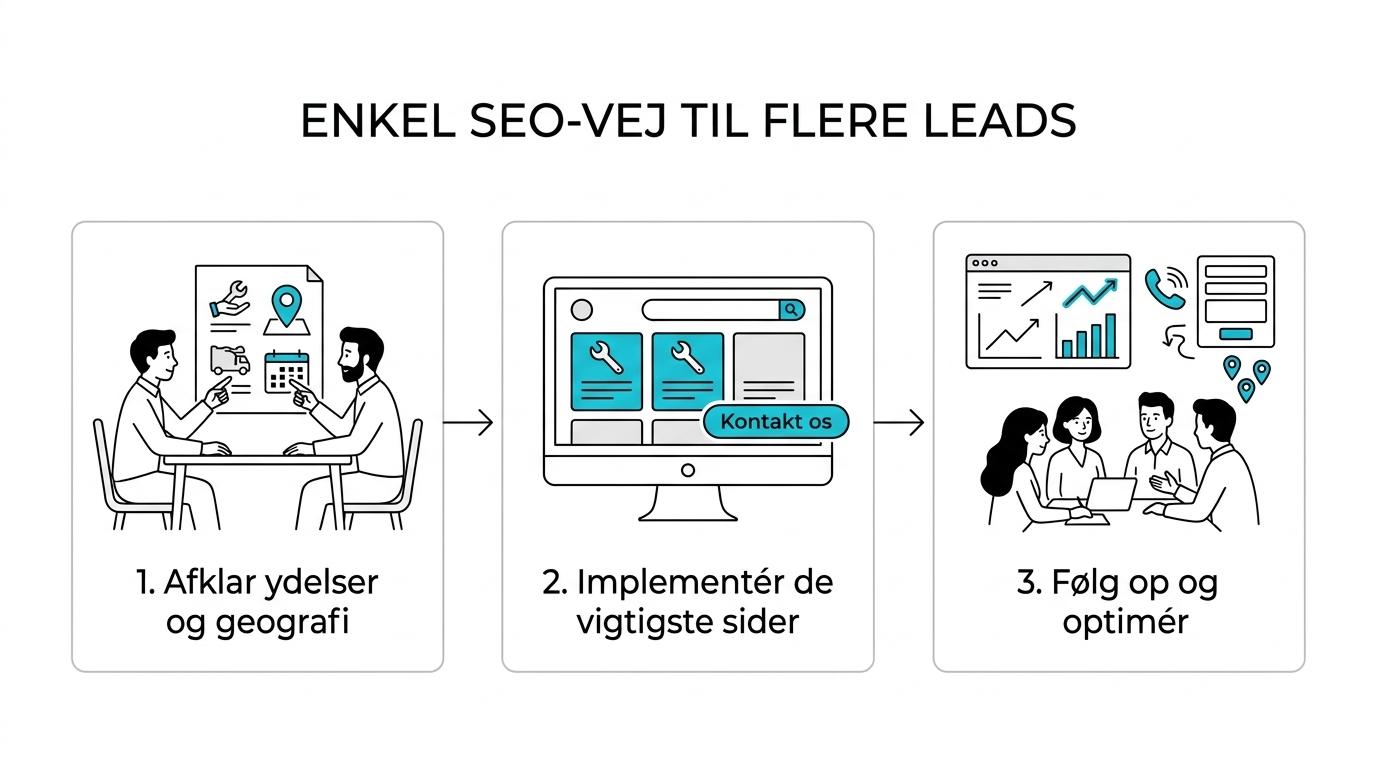 En enkel tretrinsproces med afklaring, implementering og løbende optimering for lokal SEO og leadgenerering.