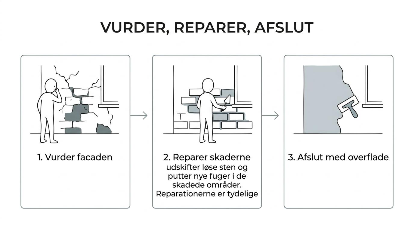 Procesoversigt over facaderenovering: teknisk vurdering af murværk, reparation af fuger og sten, valg af puds eller vandskuring og eventuel efterisolering.