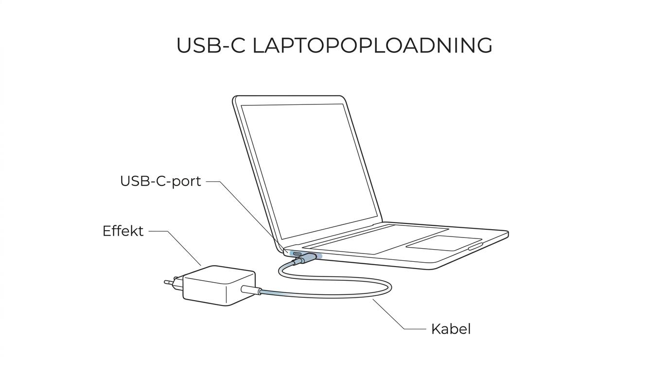 Labeled USB-C laptop charging setup showing a laptop, USB-C charger, and cable with notes about power input, watt, USB PD, and cable capacity.