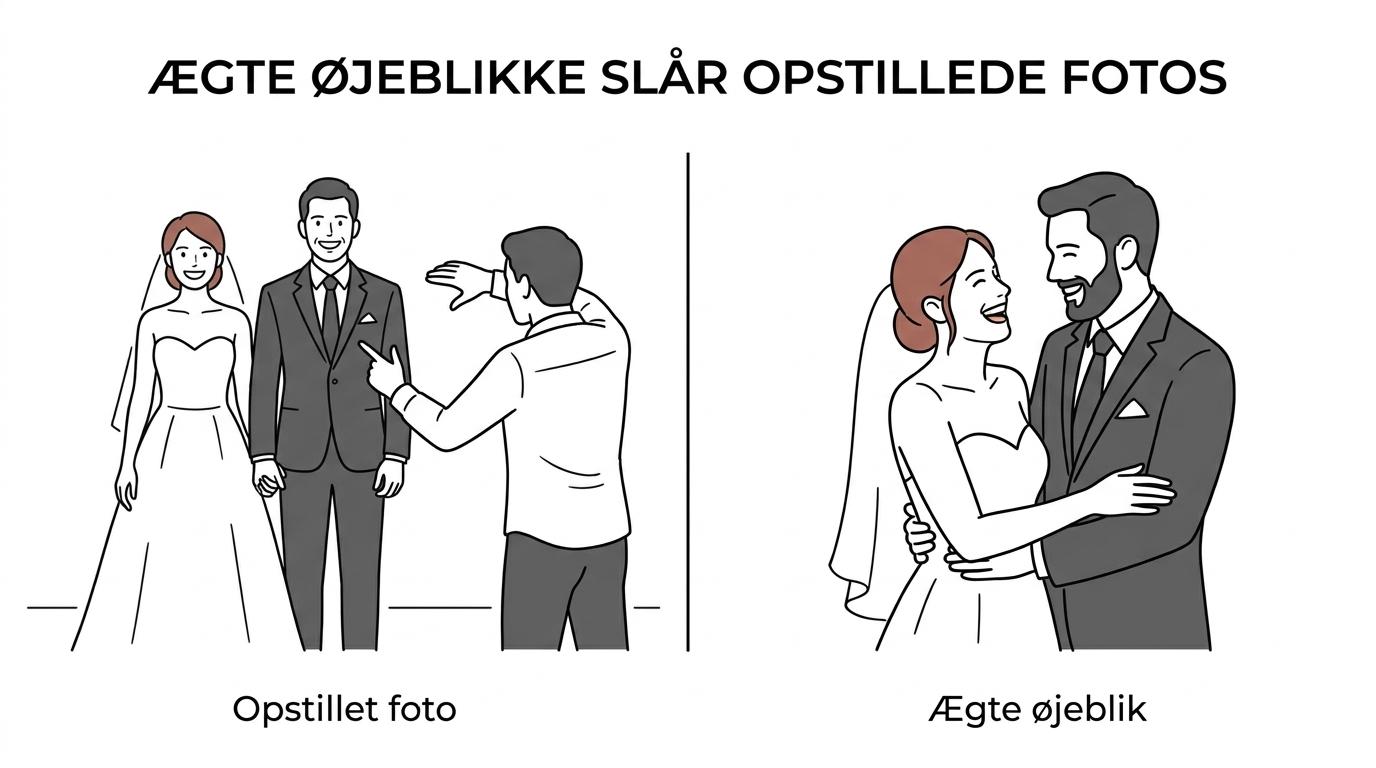 Sammenligning af to bryllupsfotostile: et stift opstillet foto ved siden af et naturligt, følelsesfuldt øjeblik mellem brudepar og gæster.