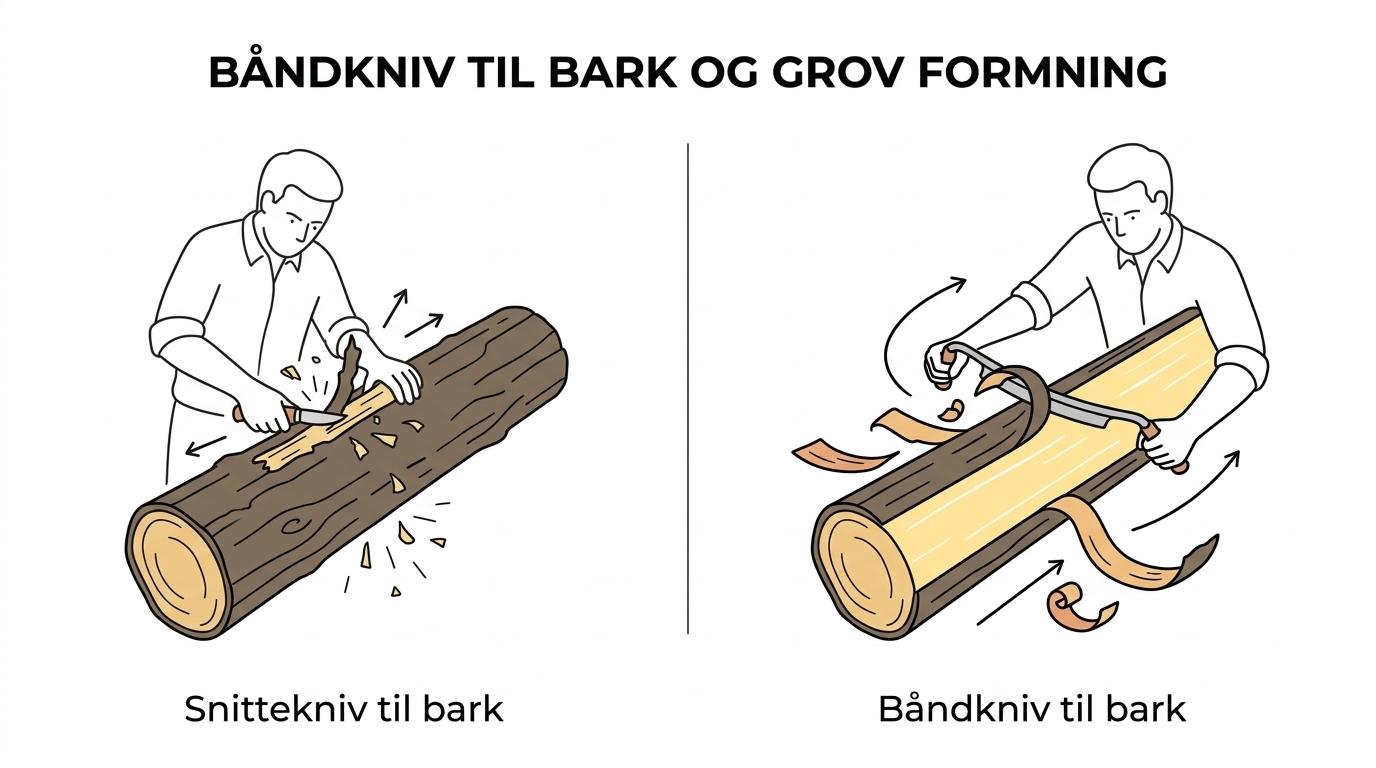 Sammenligning af båndkniv, snittekniv og hulningskniv med deres typiske træopgaver.