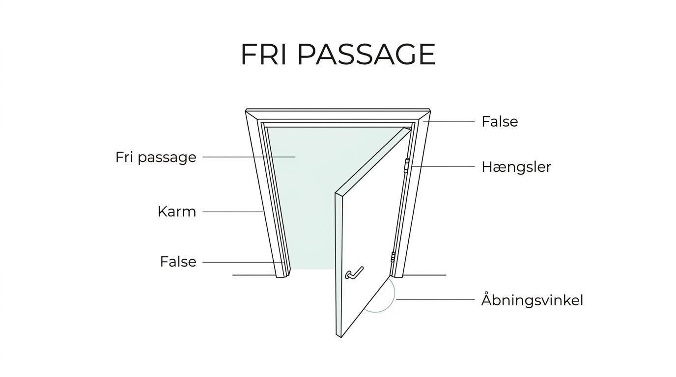 Diagram af en indvendig dør med karm, hvor fri passagebredde, vægtykkelse, karmdybde, indfatning og hængsler er markeret.