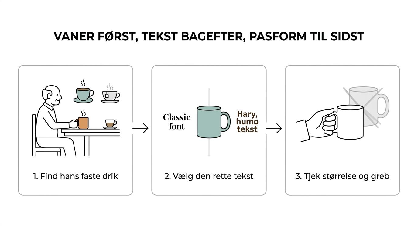 Tre-trins oversigt over valg af morfar-krus baseret på vaner, tekst og praktisk pasform.