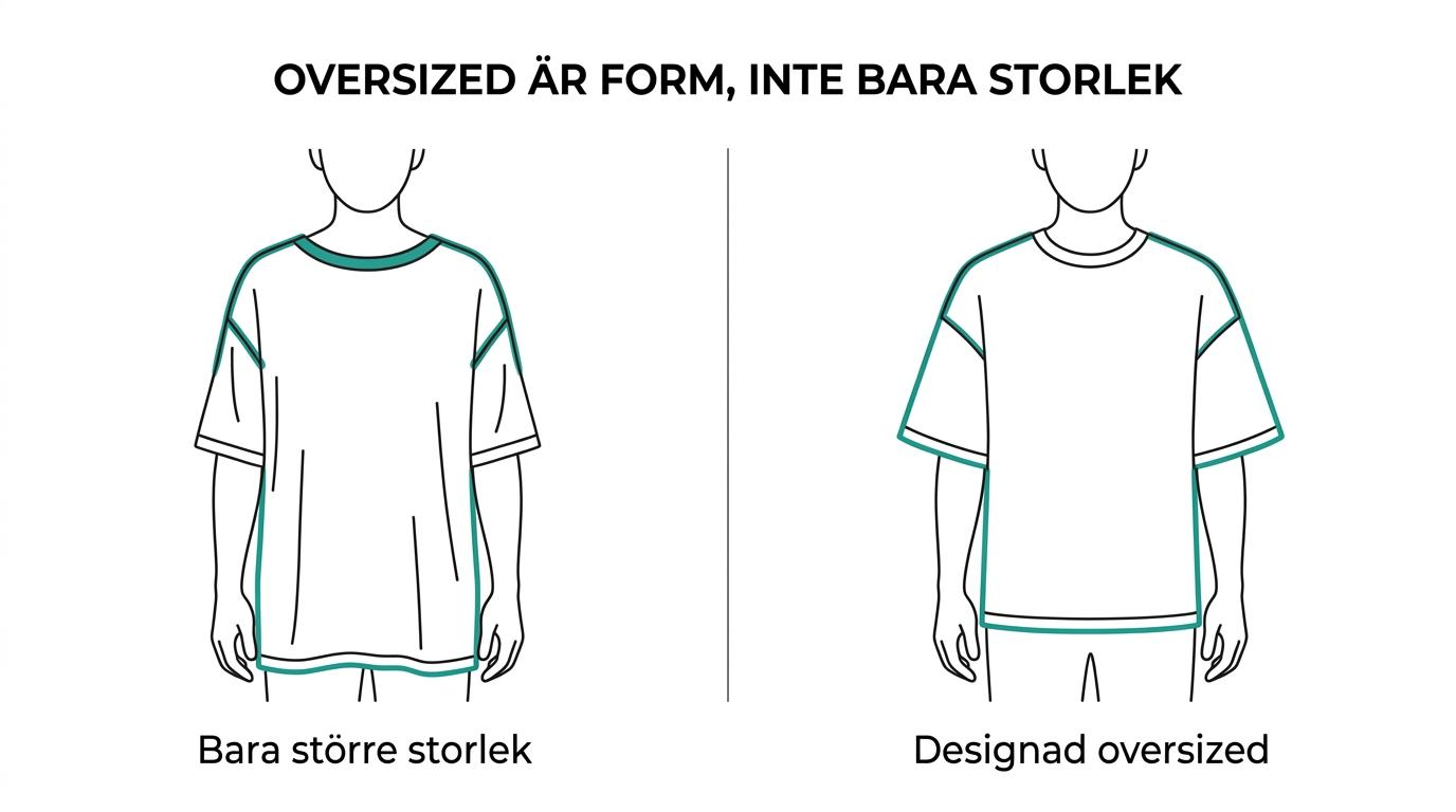 Jämförelse mellan en genomtänkt oversized skjorta och en vanlig skjorta i för stor storlek, med skillnader i axlar, ärmar, längd och fall.