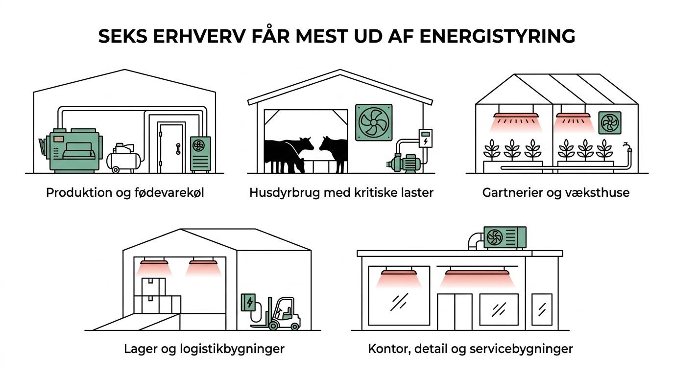 Seks erhvervstyper med korte noter om deres mest styrbare el-laster: produktion, køl og frys, husdyrbrug, gartnerier, logistikbygninger samt kontor og detail.