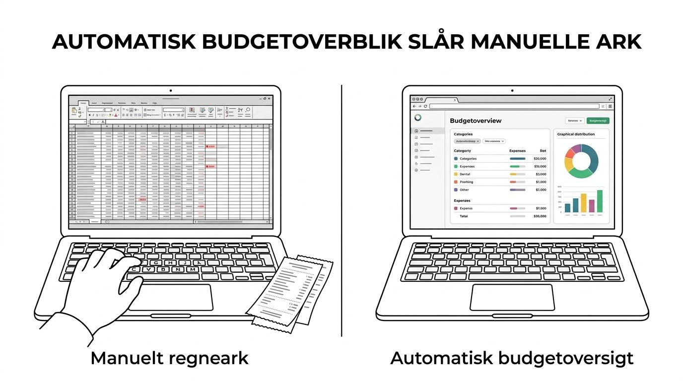 Side-by-side comparison of a manual Excel budget sheet and an automated budget overview with categorized spending and graphs.