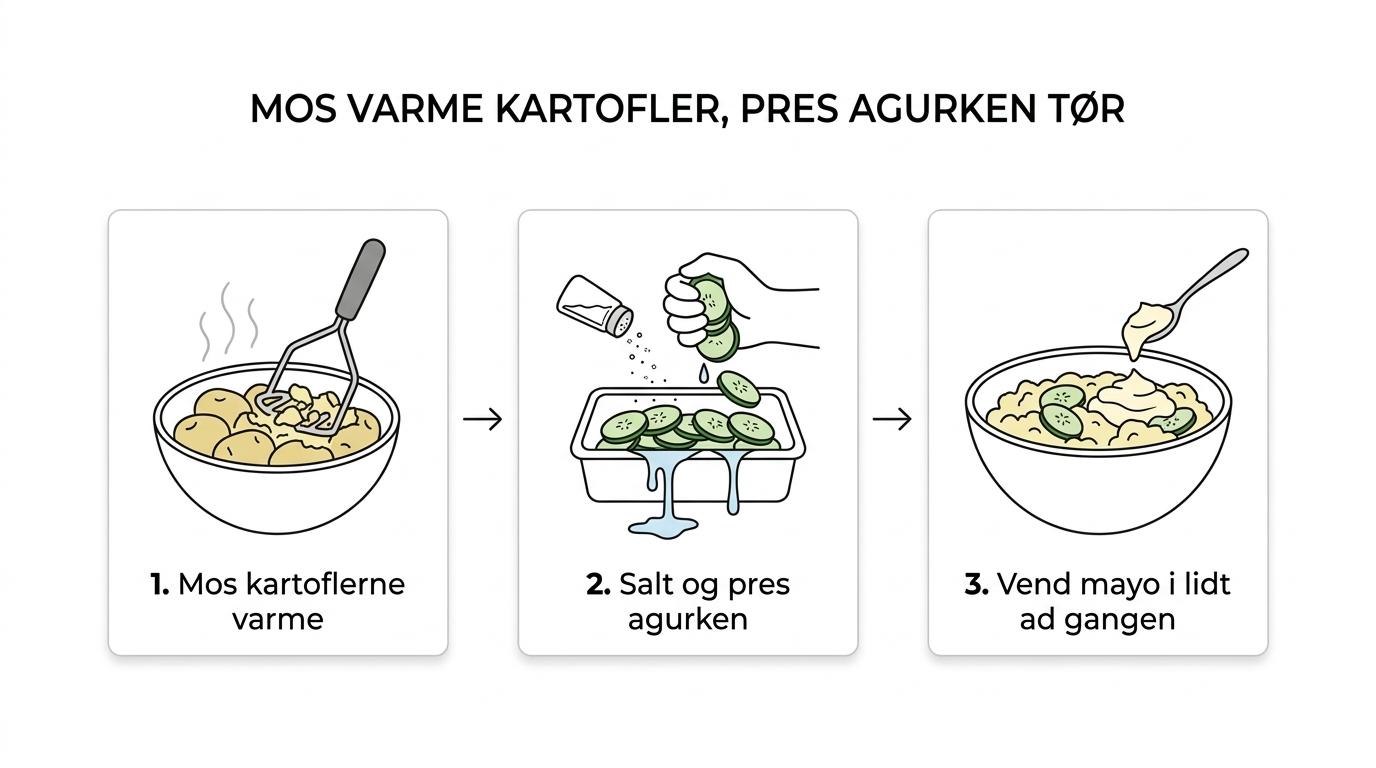 Trinvis fremstilling af japansk kartoffelsalat med varme moste kartofler, saltet og presset agurk, hakket æg og Kewpie-mayonnaise.