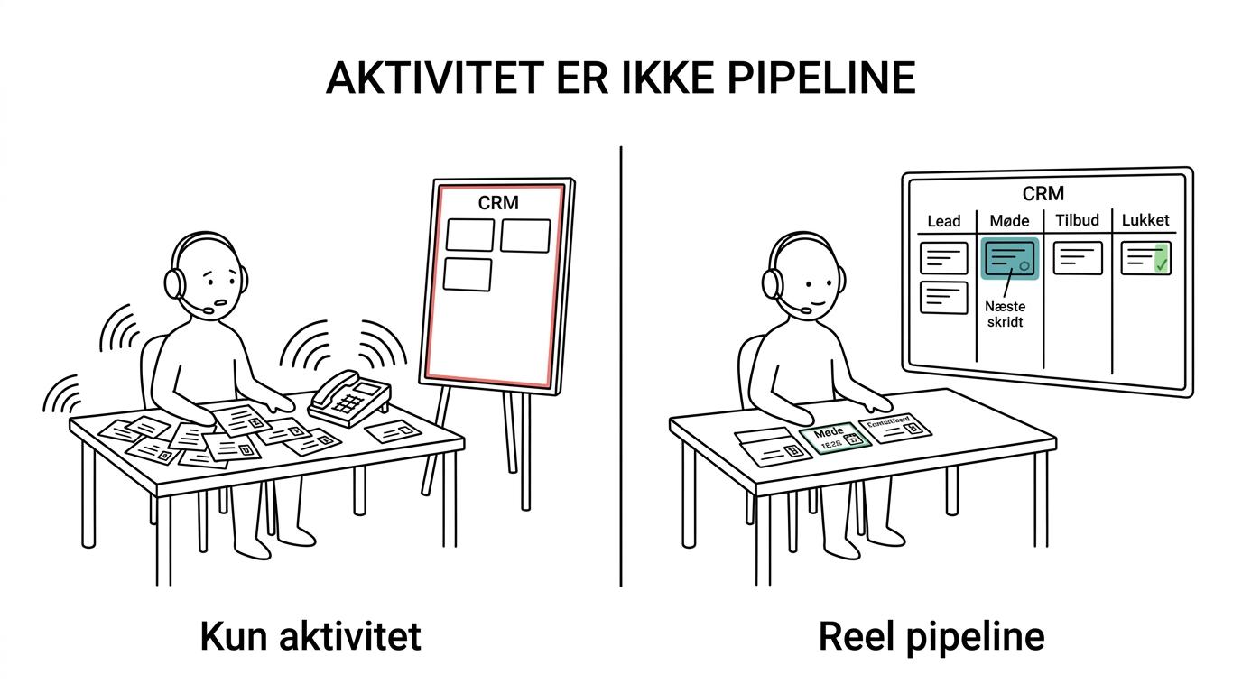 Sammenligning af aktivitet, kvalificerede møder og reel pipeline i B2B-telemarketing.