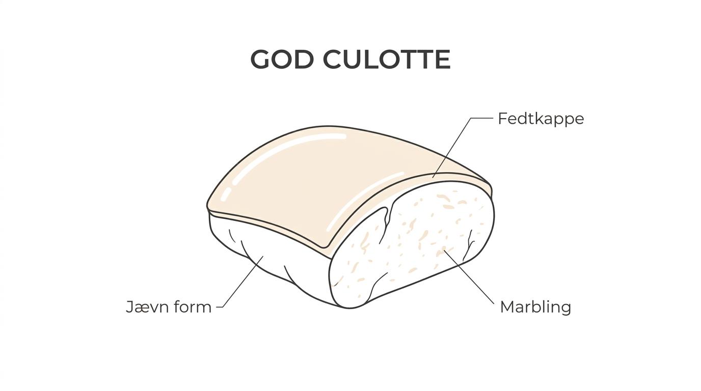 En rå culotte med markeringer af fedtkappe, marbling, jævn form, tykkelse og skæreretning.