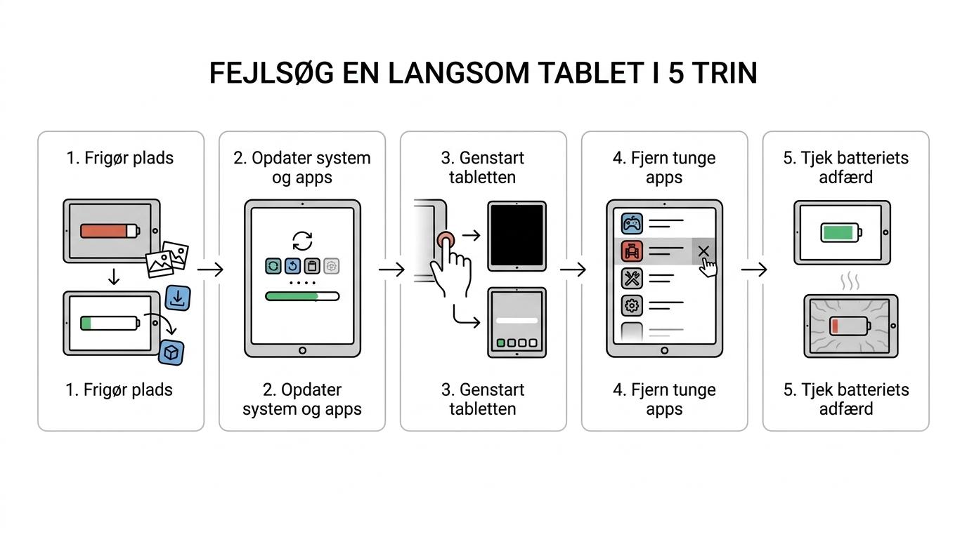 Flowchart over fejlsøgning af en langsom tablet fra lagerplads og apps til opdateringer, cache, batteri, varme og professionel fejlsøgning.