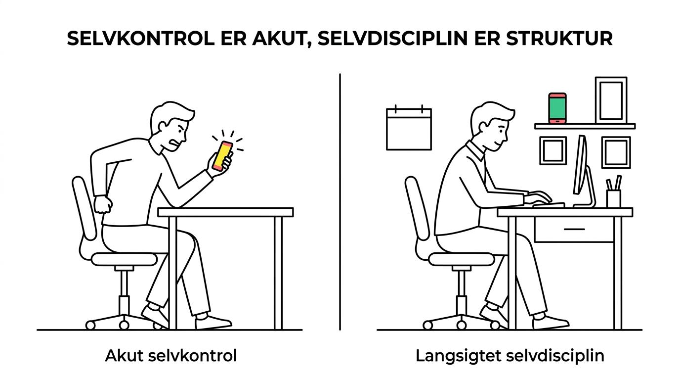 En side om side sammenligning af selvkontrol og selvdisciplin med forskelle i tidshorisont, typiske situationer, værktøjer og måling.