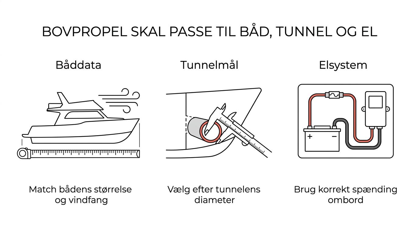 Oversigt over de vigtigste valgkriterier for en Vetus bovpropel: bådtype, vægt, trykkraft, tunnelmål, spænding og installationsplads.