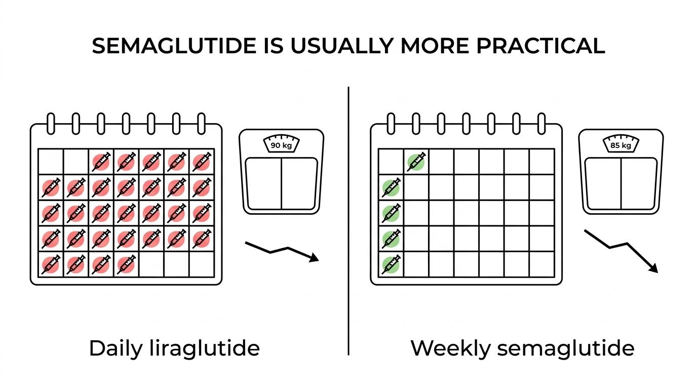 Side-by-side comparison of liraglutide and semaglutide showing daily versus weekly dosing, relative weight-loss strength, and cardiovascular-label differences.