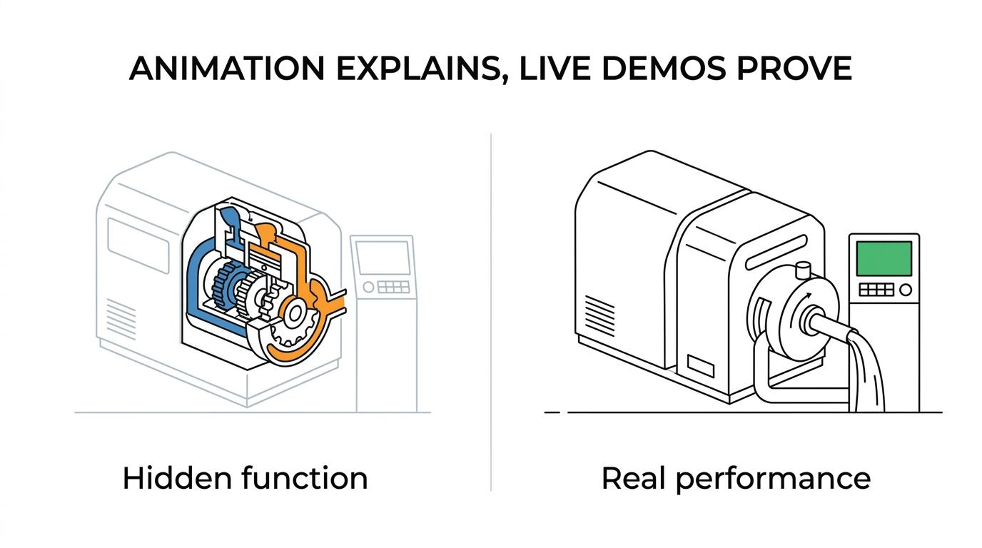 Comparison graphic showing technical animation versus live product demos across speed, hidden detail, realism, and proof.
