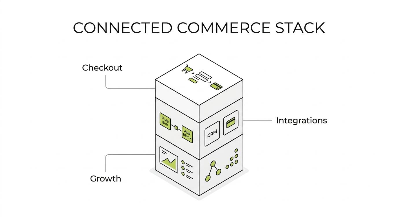 A central Shopify Plus store connected to labeled parts like checkout, APIs, CRM, payments, analytics, SEO, ads, marketplaces, automation, and multi-market storefronts.