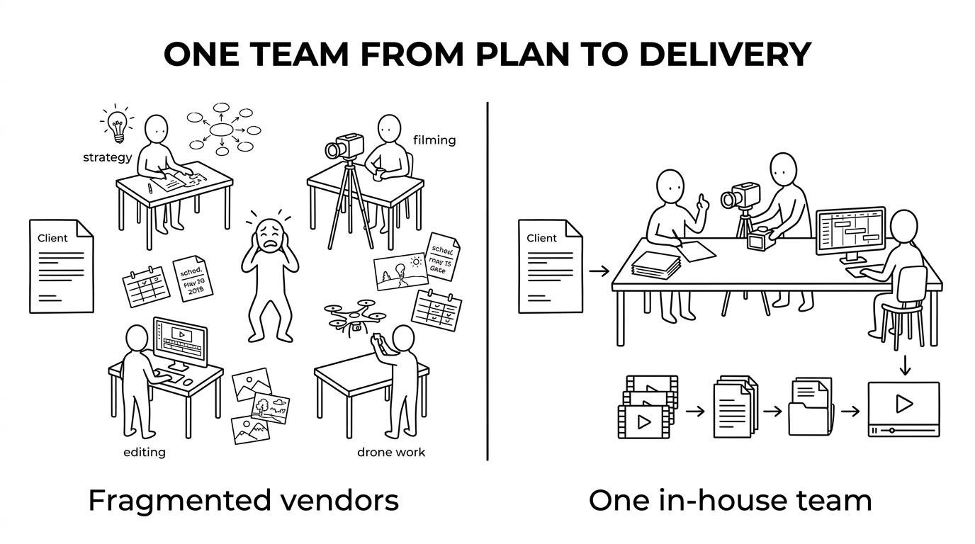 Side-by-side comparison of a fragmented video production setup versus one in-house production team handling strategy, filming, editing, drone work, and delivery.