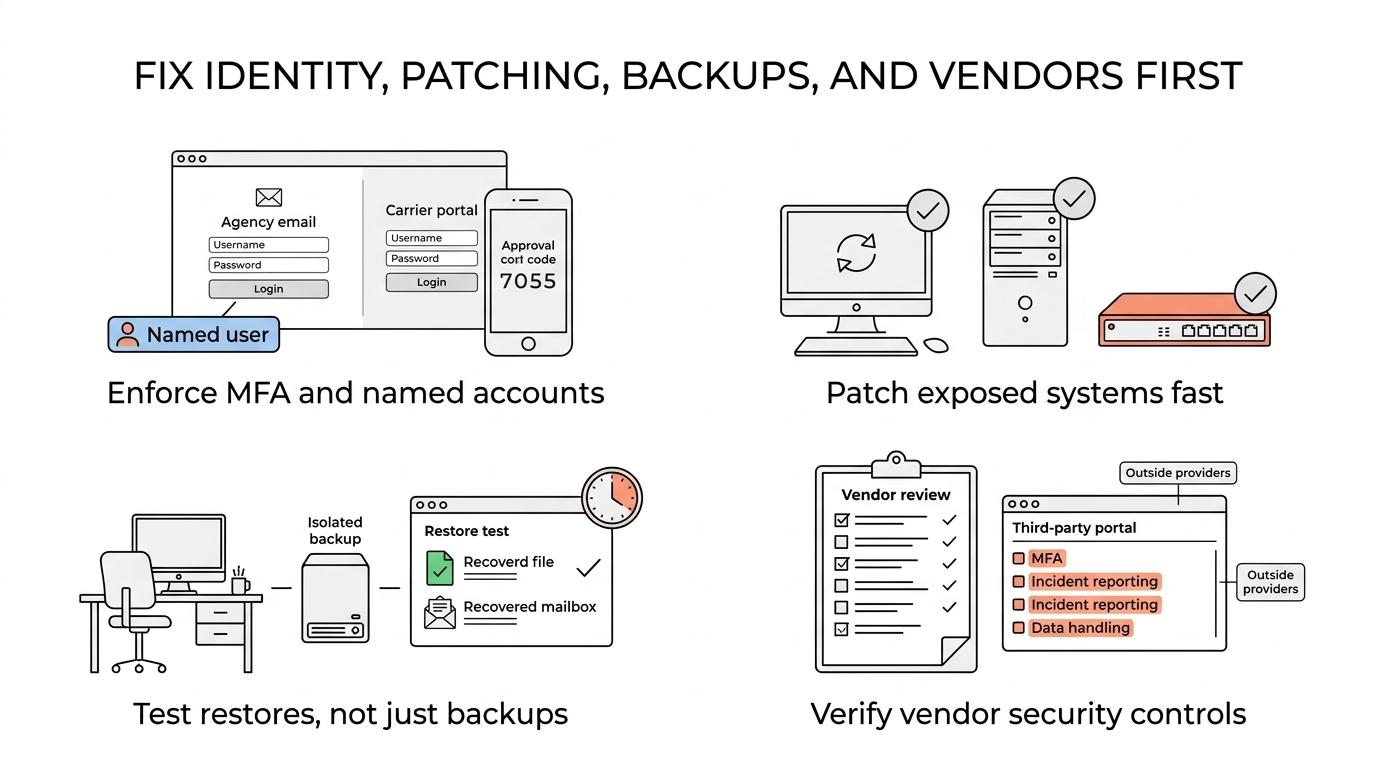 A visual grouping the top cybersecurity priorities for insurance agencies: identity and MFA, patching, backups, vendor oversight, staff training, and incident response.