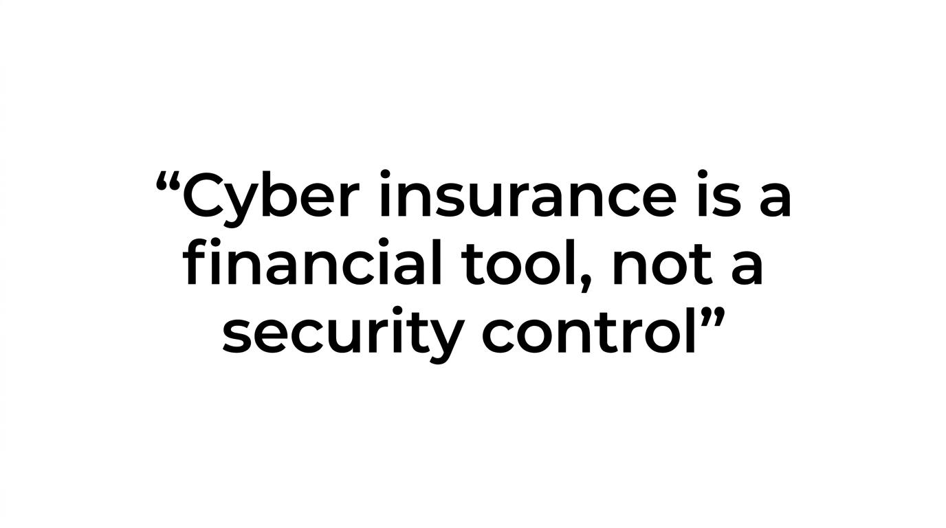 A quote graphic highlighting that cyber insurance helps with financial loss but is not a security control.